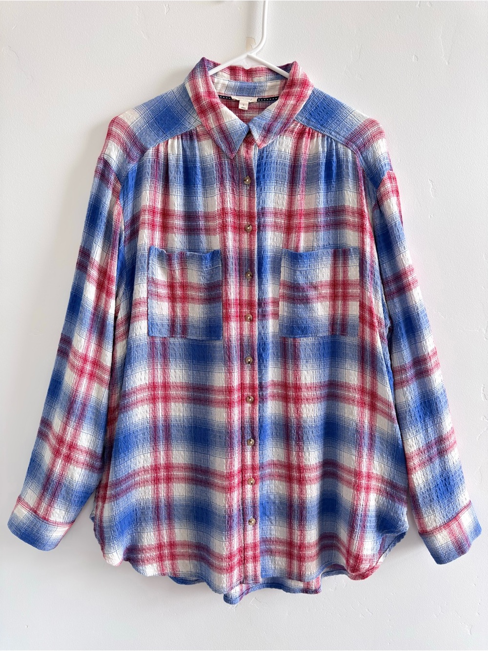 Anthropologie Pilcro Hadley Plaid Button Down Shirt Textured Gauze L Relaxed